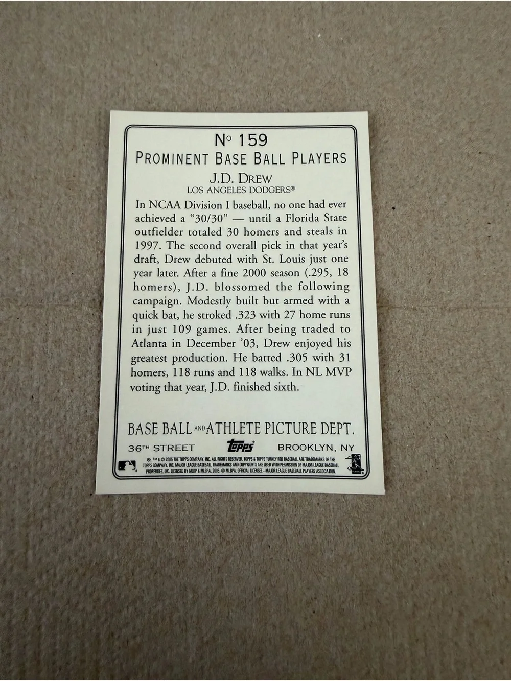 2005 Topps Turkey Red J.D. Drew #159 Trading Card